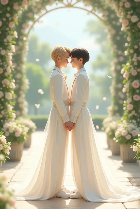   .One  two cute boys   ,both earing white wedding dress.  Standing   wedding site 
