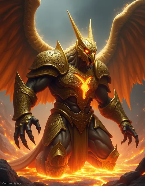 Create a powerful, armored warrior with intricate gold designs, resembling a mythical bird. The warrior has large golden wings, sharp talon-like hands, and an imposing, muscular physique. The armor features elaborate engravings, with glowing accents on the...