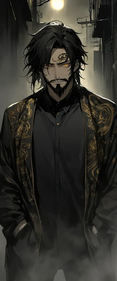 anime style。a black silk shirt embroidered with gold patterns。alley in the fog。skinny young man standing with his hands in his p...