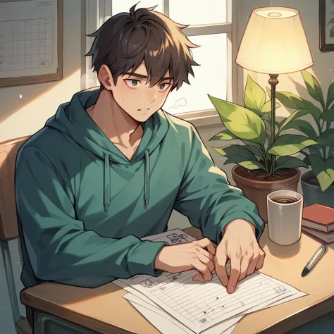 A college boy with spectacles wearing a hoodie surrounded by indoor plants, a steaming cup of coffee on the desk, and writing notes from a Mac laptop, and his face is slightly lit with a table lamp. Create a desktop wallpaper from an isometric projection a...