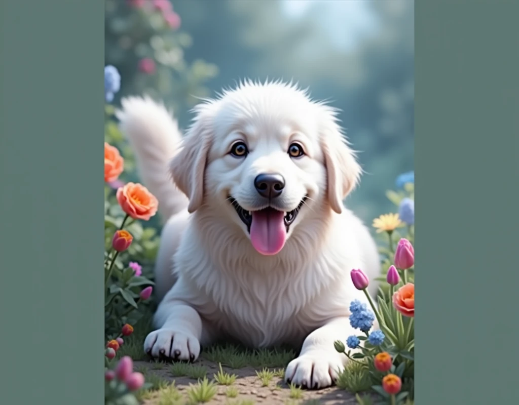 A cute pet dog in a lush green garden, (best quality,4k,8k,highres,masterpiece:1.2),ultra-detailed,(realistic,photorealistic,photo-realistic:1.37),dog, golden retriever, adorable, sitting, wagging tail, panting, happy expression, green grass, blooming flow...