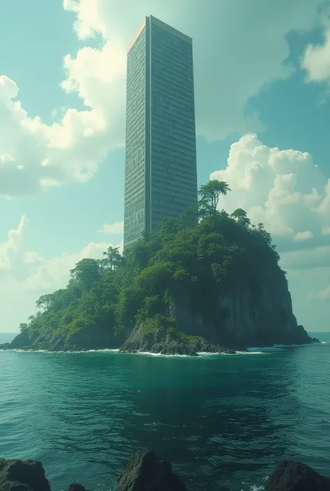 in the middle of the sea there is an island in the jungle, inside a skyscraper, on the shore, in Titanic spoke 