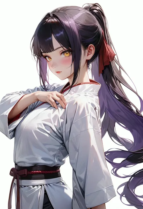 Long smooth straight black hair, inner colored dark-purple hair, golden eyes,posing in karate gi, masterpiece, super detail, best quality, 8k,realistic