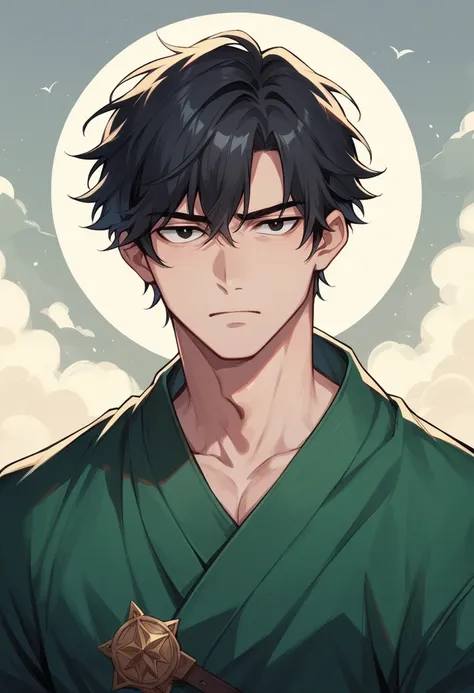 A man in his twenties with long black hair　Green Robe　Black Eyes　Wizard