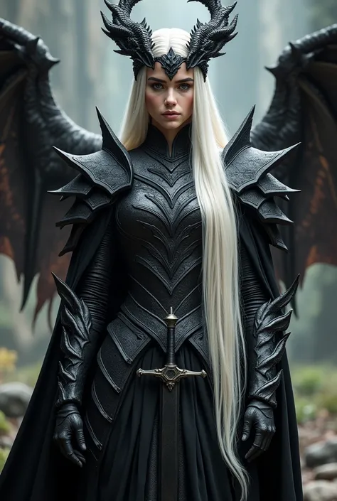 Create a Targaryen: long platinum hair, elaborate and luxurious armor with black details. Maybe a dragon inspired tiara, to capture the essence of House Targaryen.((better qualitative)) , (detailed), Dazzling Visenya Targaryen, Black Dragon Armor, Black Sw...