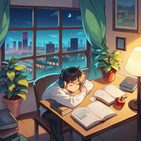 figure, Young boy, Headphones, write, apple, Cozy rooms, at night, Cityscape, Wooden table, Potted plants, Sleeping black cat, Book, window, Book棚, Synthwave.Black hair,