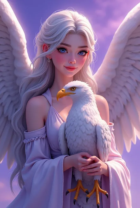 Manhwa 3d of yoon jeonghan wifh a tegas,tajam, blush,senyum dan malaikat holding an eagle with an epic purple background.