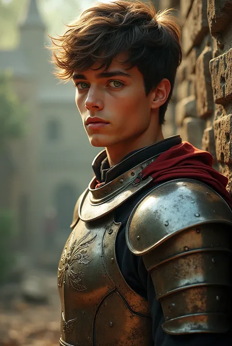 Young man, BROWN HAIR, green eyes, with armor