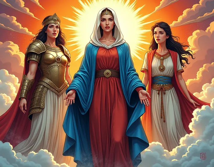 Korean comics。Three beautiful women。On the left side((Wearing ancient Greek armor))Greek Goddess Athena。in the center((Reddish brown tunic, Blue Coat, Wearing a white veil and surrounded by an aura))Virgin Mary。on the right((Dressed in ancient Japanese clo...