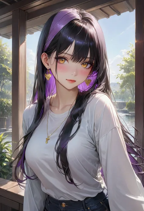 Long smooth straight black hair, inner colored dark-purple hair, golden eyes,posing in casual wear, masterpiece, super detail, best quality, 8k,realistic