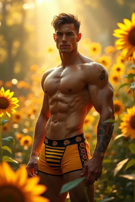 Masterpiece, (((a muscular, seductive humanoid bee male))) with striking, confident features. He has vibrant yellow and black striped skin, highlighting his well-defined physique. He is wearing stylish bee-themed boxer that accentuates his muscular build. ...