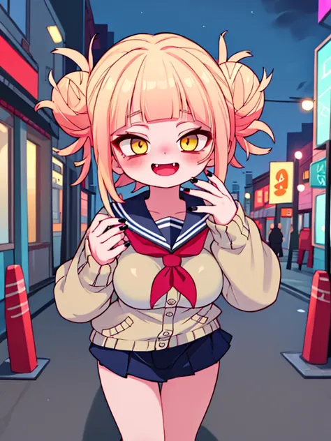 ((masterpiece)), ((best quality)), (ultra-detailed), ((kawaii)), ((extremely detailed)), 4K, (8K), best quality, (highres), (beautiful), a cute girl, solo, toga himiko, beautiful blonde hair, double bun, beautiful yellow eyes, ((beautiful eyes)), naughty f...