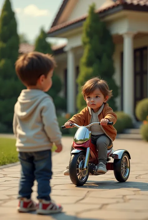 One watching the other play with the rich man&#39;s tricycle, very modern and with a slightly sad face because he can&#39;t