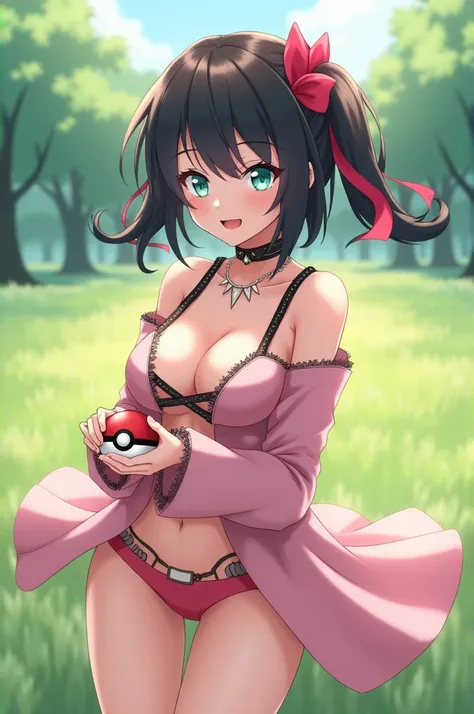 masterpiece, best quality, highres, hmmarnie, aqua eyes, black choker, red ribbon, pink dress, bare shoulders, pink panties, bent over, jewelry, black jacket, open clothes, long sleeves, cowboy shot, standing, field, holding poke ball, poke ball (basic), s...