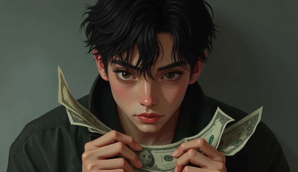 A sexy teenage boy having seven dollar notes feeling tired