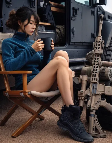 ８K、Photorealistic expression、Realistic skin texture、A Japanese woman living in America is in the Arizona wilderness、He sits in a simple chair outside a van that&#39;s been customized for rough terrain.、Cross-legged drinking coffee、The automatic rifle is ne...