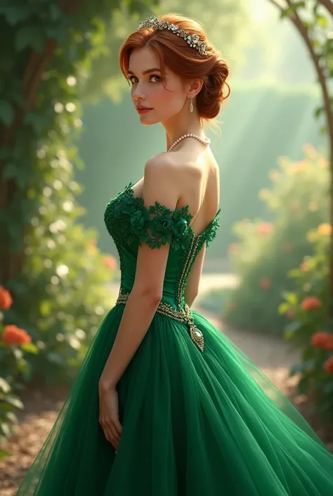 A beautiful lady wearing green gown