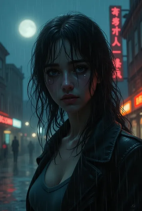 Crying woman, rain, night