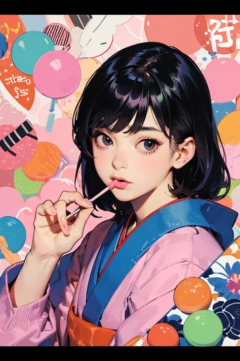 ((Best Quality)), ((masterpiece)), (detailed), Japanese,Young Girl,Sticking out his tongue and licking a candy,Front face,Dark Eyes,Black Hair,Bust Shot,Looking at the camera,