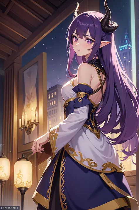 Generate a beautiful anime-style tiefling bard in a Dungeons and Dragons setting. She has soft lavender skin with elegant, curling horns that frame her face. Her large, expressive eyes sparkle with charm, and her long, dark hair flows down her back. She we...