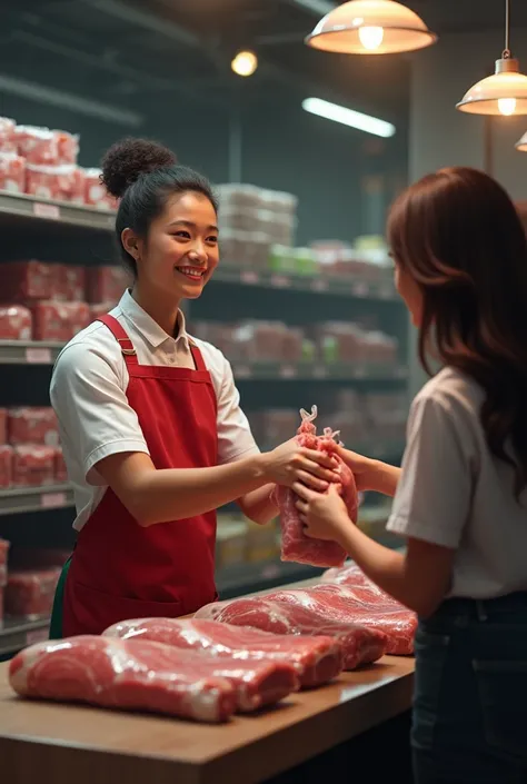 Realistic image of a meatpacking clerk handing bags to a customer with loose hair.
Brazilian people In the hands of the attendant a bag