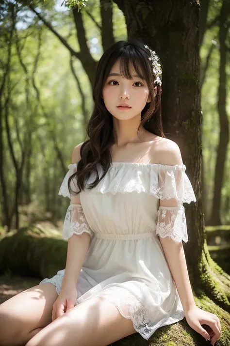 In the sunlight filtering through the trees、A beautiful Japanese girl sits on the trunk of a big tree、Looking up at the sky with a calm expression。Her eyes are a clear purple、Reflects light、It emits a fantastic and clear glow.。Her face is calm、My cheeks ar...