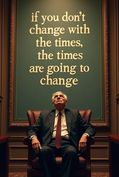 Can you generate a image this sentence are written in the wall "if you dont change with the times. The times are going to change you" and the old richest men sitting there. 