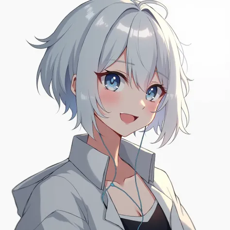 One girl, High resolution, Ahoge, Medium Hair, Shortcuts, Medium Hair, Silver Hair, smile, accessories, Anime Style, Earphones, Bright Eyes, Baggy white jacket