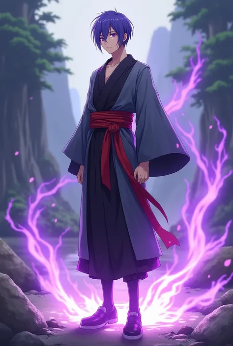 1male, beautiful teenager man, tall height, thin teenager male build, violet short hair, violet eyes, Black and gray kimono with a large red belt, black boots, piercing serious calm look, calming pose, closed mouth, Glowing purple energy aura on body, full...