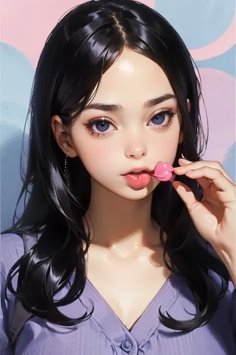 ((Best Quality)), ((masterpiece)), (detailed), Young Girl,Sticking out his tongue and licking a candy,Front face,Dark Eyes,Black Hair,Bust Shot,Looking at the camera,