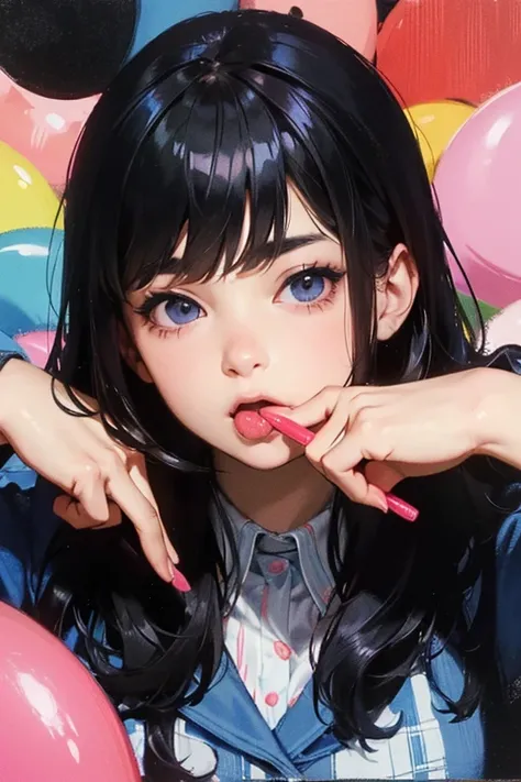 ((Best Quality)), ((masterpiece)), (detailed), Young Girl,Sticking out his tongue and licking a candy,Front face,Dark Eyes,Black Hair,Bust Shot,Looking at the camera,