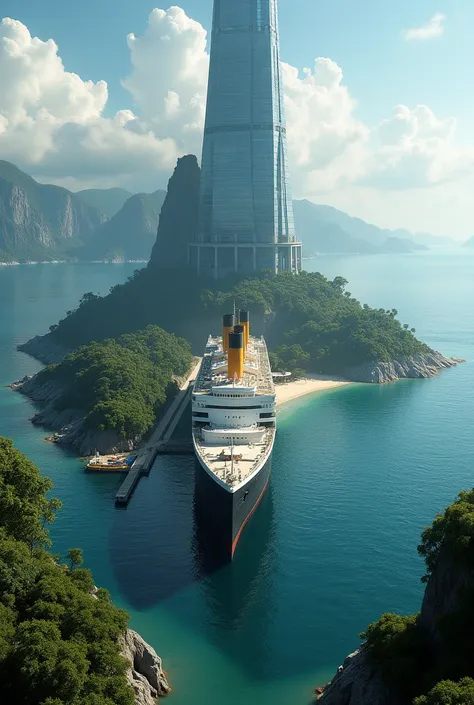 in the middle of the sea there is a huge island in the jungle, inside a skyscraper, there is a pier on the shore of the island, The Titanic is at the pier, The Titanic has four funnels
