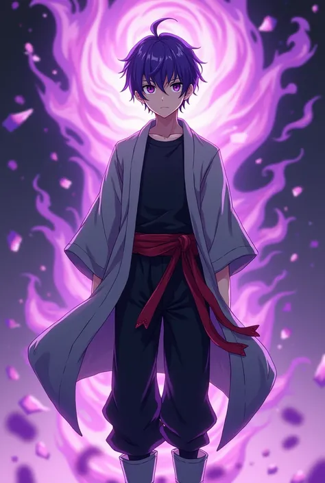 1male, beautiful teenager man, tall height, thin teenager male build, violet short hair, violet eyes, gray kimono, black patns, black t-shirt, large red belt, gray boots, piercing serious calm look, calming pose, closed mouth, Glowing purple energy aura on...