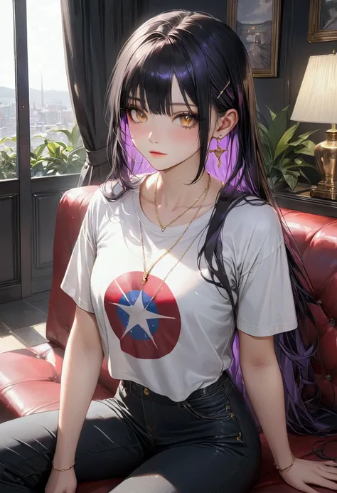 Long smooth straight black hair, inner colored dark-purple hair, golden eyes,sitting in casual clothes, masterpiece, super detail, best quality, 8k,realistic