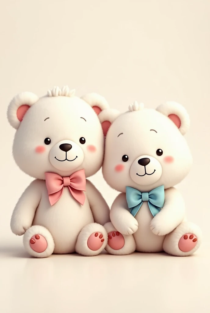 a white animated teddy bear with a pink bow and a similar teddy bear, but with a light blue bow.