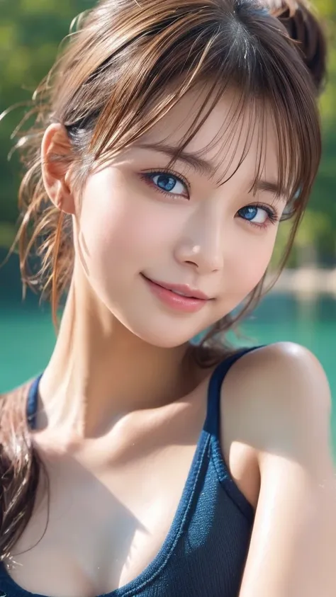 8k,younger sister,so beautiful(It looks like the real thing),My younger sister is cool and short with very big breasts.,Tone Up, Muscular body,sexy,One-shoulder bikini、short,Cool smile,Compensate,Ultra-Realistic Skins,Compensate,masterpiece,Best Quality Ph...