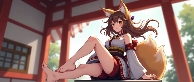 Best Quality, masterpiece, High resolution　(Fox ears)　Fox&#39;s Tail　Brown Hair　Golden Eyes　Shrine maiden costume　Skirt with slit　Bell Accessories　Big Breasts　Cleavage　Brave expression　shrine　Sit on the offering box　One knee up　barefoot　Diagonal compositio...