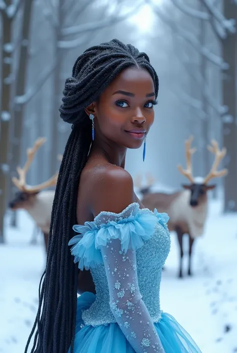 Make a black woman wear a dress like princess Elsa , long braided hair, Colored white ,blue eyes, a faint smile, pink lipstick, snow forest and reindeer background, facing the camera 