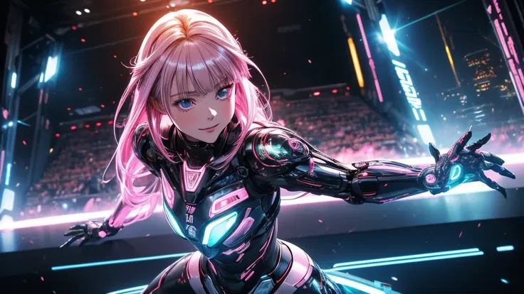 (8k, masterpiece:2.0, anime:1.6, realistic:1.4, best quality, ultra high resolution, ultra-detailed, beautiful illustration:1.6) Create a high-resolution anime-style illustration of a female idol in a near-future world. The image should feature a young wom...