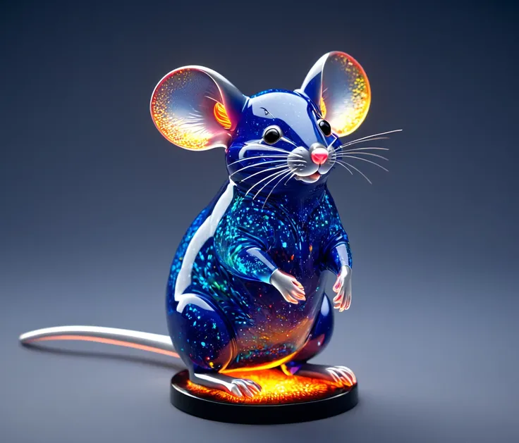 (cute, chubby, male, indigo mouse), novuschroma70 style, sparks, transparent glass sculpture, vibrant colors, hires textures, highly detailed, intricate details, best quality, photorealism, masterpiece, glowing, warm light, (((grey background))), detailxl