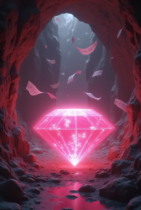 Huge pink glowing diamond in brown cave, Notes are flying around, high detail, masterpiece