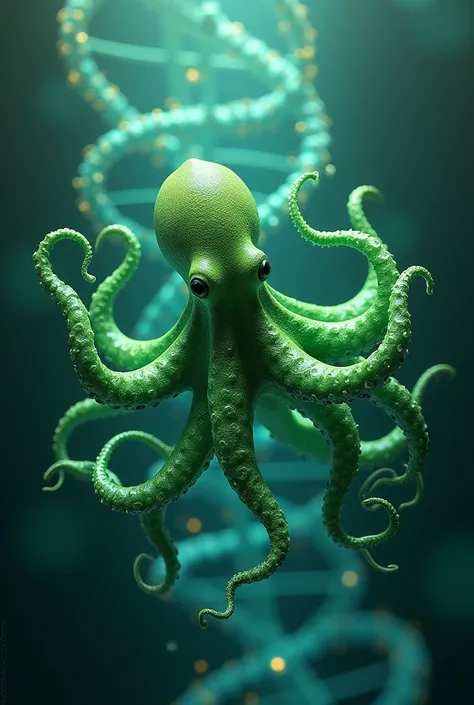 A green octopus making DNA with tentacle and puts