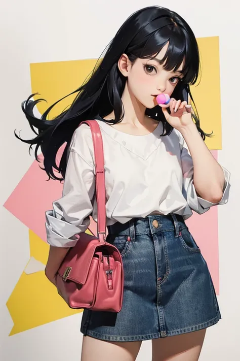 ((Best Quality)), ((masterpiece)), (detailed), Japanese,Young Girl,Sticking out his tongue and licking a candy,Front face,Dark Eyes,Black Hair,White camisole,Denim mini skirt,Full Body Shot,Looking at the camera,Five fingers on a hand,