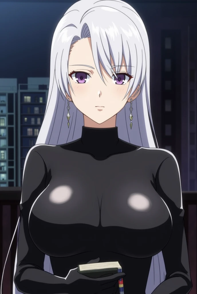 1girl, female gojo satoru, anime screencap from jujutsu kaisen, gojo satoru female version, solo, long_hair, ((purple eyes)) ((White_hair, hair over ear from one side))((slicked hair)) , night view, (hanging breasts) upper_body, smile, indoors, book, lips,...