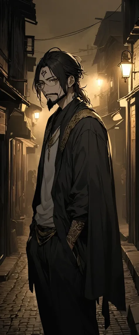 Anime Style。A black silk cape embroidered with gold patterns。Alley in the fog。Skinny young man standing with his hands in his pockets。Droopy eyes。Thin face。Nihilistic smile。Small face。A kind face。Black beard and beard。Glasses。Shaggy black medium length hai...