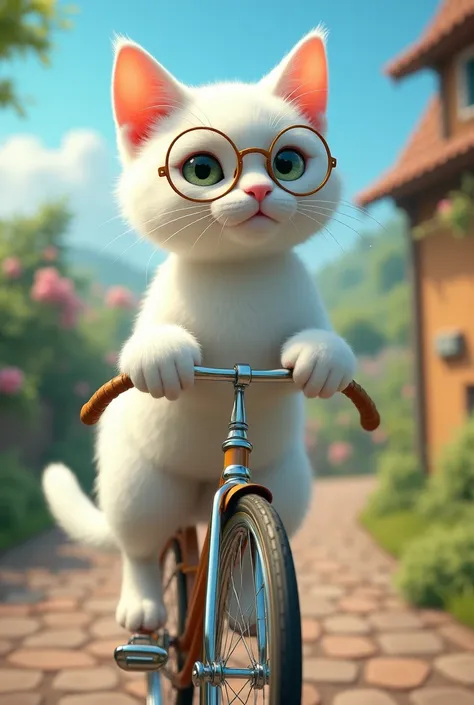 Create an image of a white cat with glasses riding a bicycle