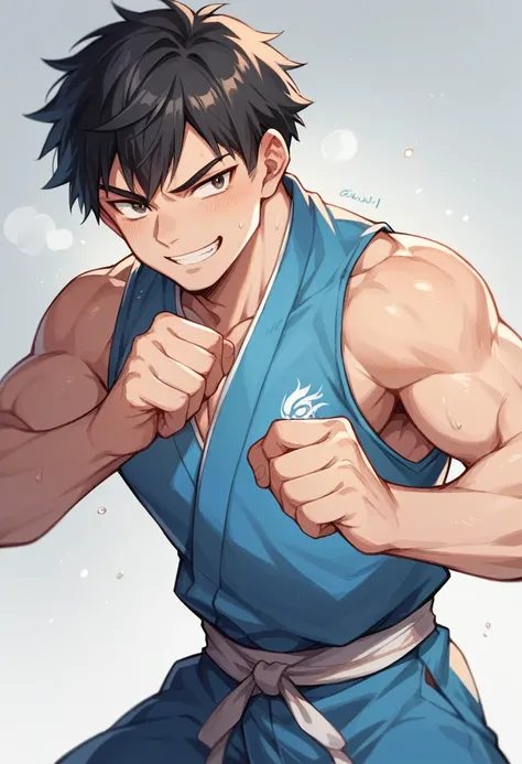 A boy wearing a sleeveless blue kimono　Judo　Short black hair　A refreshing smile