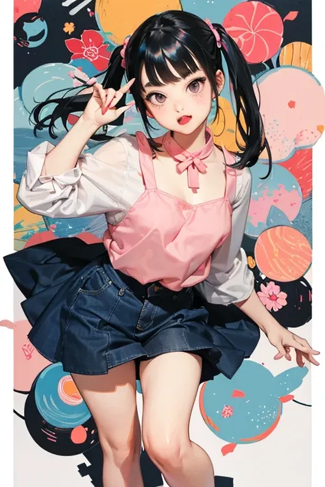 ((Best Quality)), ((masterpiece)), (detailed), Japanese,Young Girl,Sticking out his tongue and licking a candy,Front face,Dark Eyes,Black Hair,Pigtails,White camisole,Denim mini skirt,Full Body Shot,Looking at the camera,Five fingers on a hand,