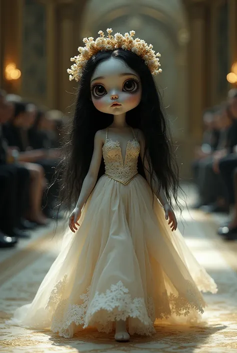 An adorable  royal baby, with the face of the drawing the corpse bride,wearing the same wedding outfit she wore in the drawing, the baby parading on the catwalk ultra realistic moving camera 4k the baby brunette long wavy black hair the torn dress in tiara...