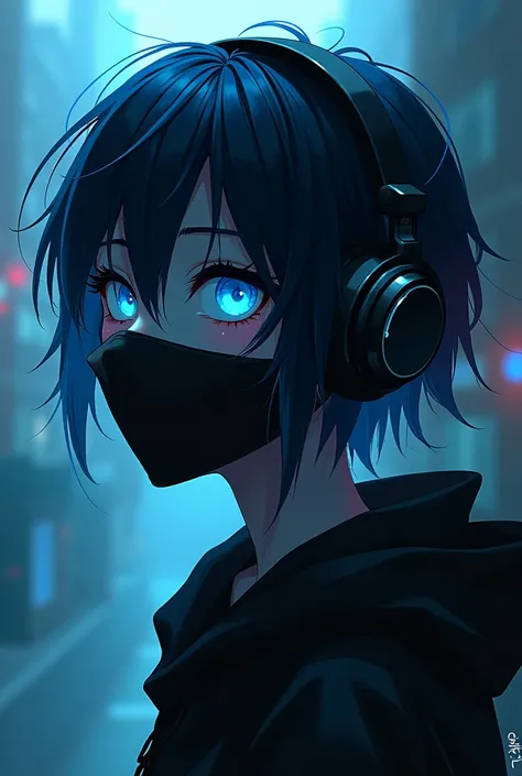 1boy, Solo, High Resolution, Anatomically Correct, HD, High Details, Short Hair, Blue Hair, Black Hair, Silver Hair, Hair Over One Eye, Blush,looks cold and sinister, Blue eyes, Simple background, From Side, Headphones, Scar On Cheek, Covered Eyes, Mouth M...